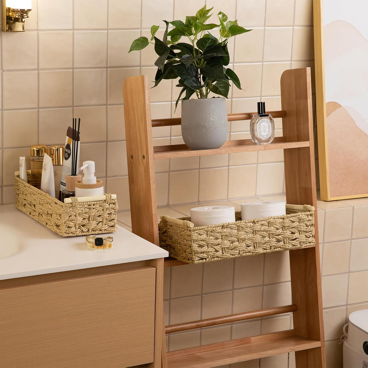 OIAHOMY Toilet Paper Baskets Handmade Paper Rope Decorative Wicker Storage Tank Shelf Cabinet