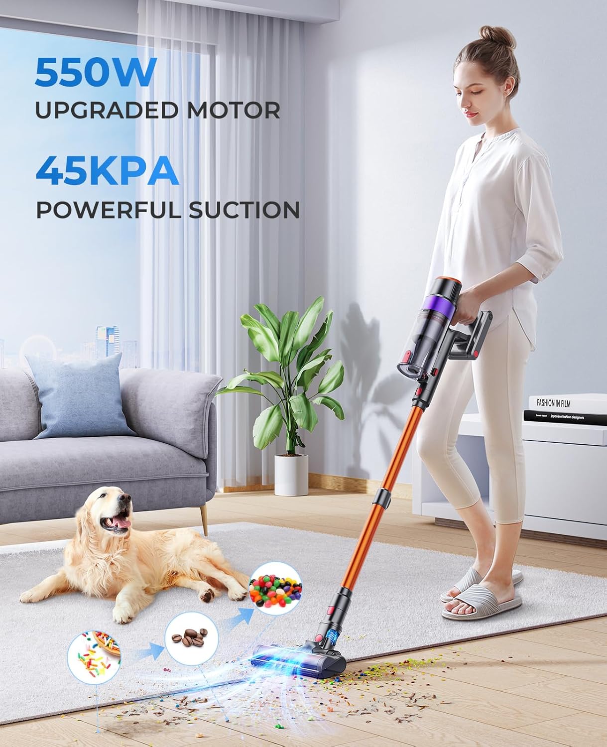 Fieety Cordless Vacuum Cleaner, 550W 45KPA Cordless Stick Vacuum Cleaner with 60Mins Rechargeable