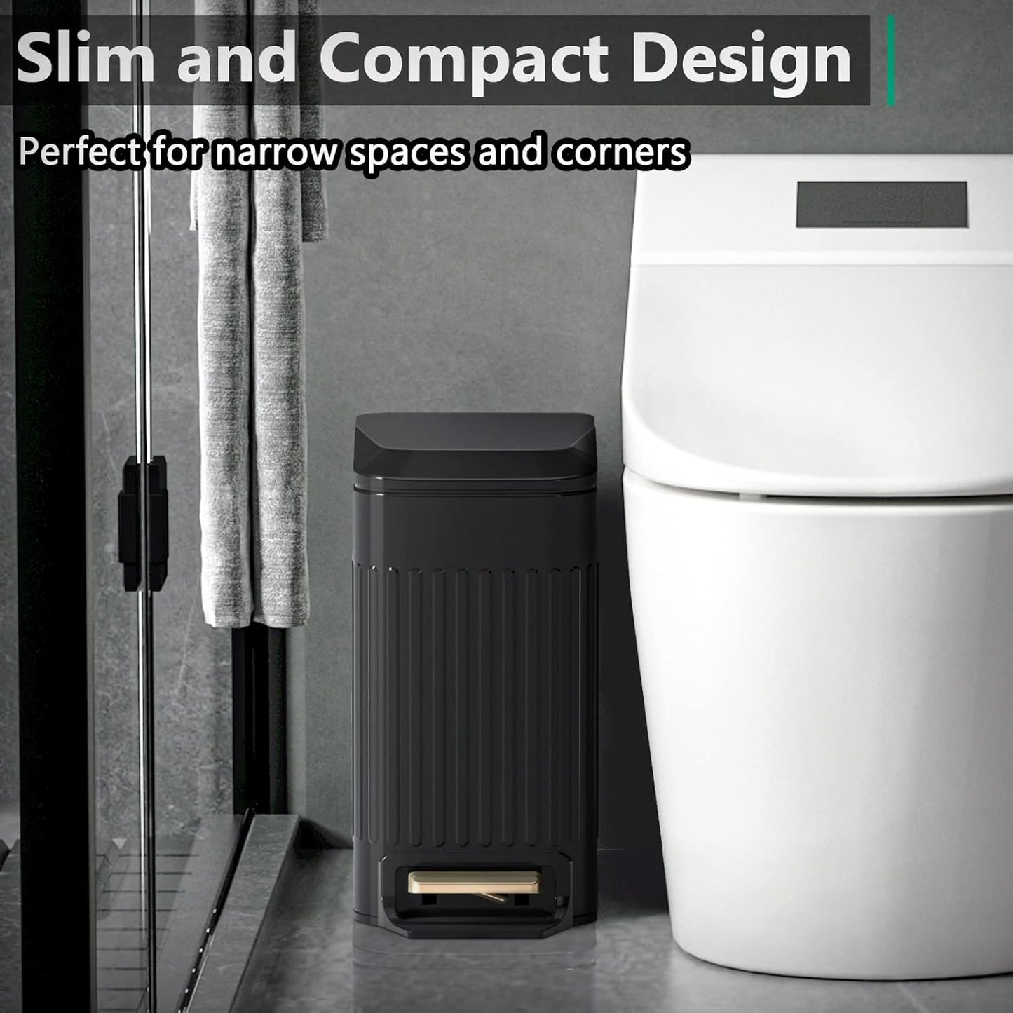 CEROELDA Small Bathroom Trash Can with Lid Soft Close-5L/1.3 Gal Slim Garbage Can-Metal Step