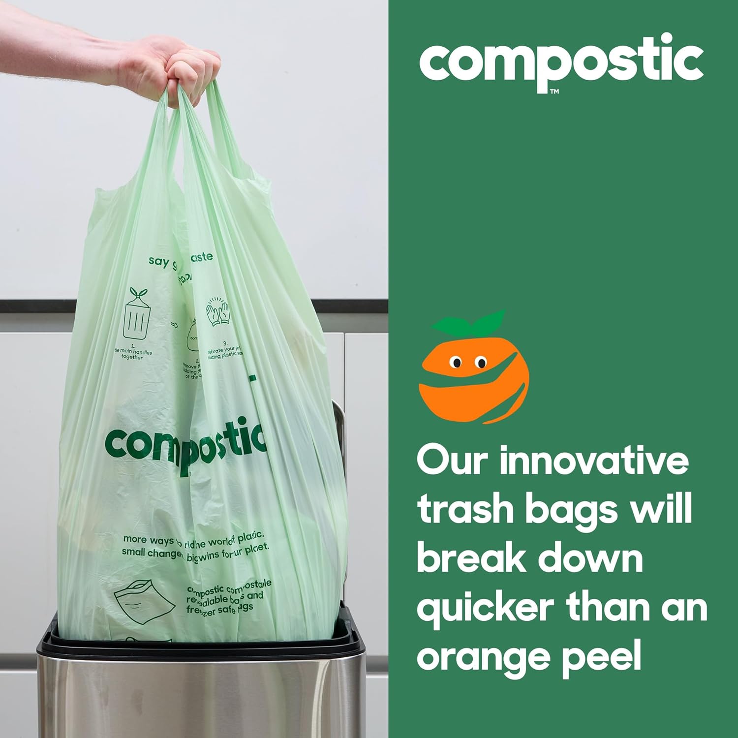 Compostic Home Compostable Trash Bags, 13 Gallon Tall Kitchen Rubbish Bags (23” x 29”), Extra