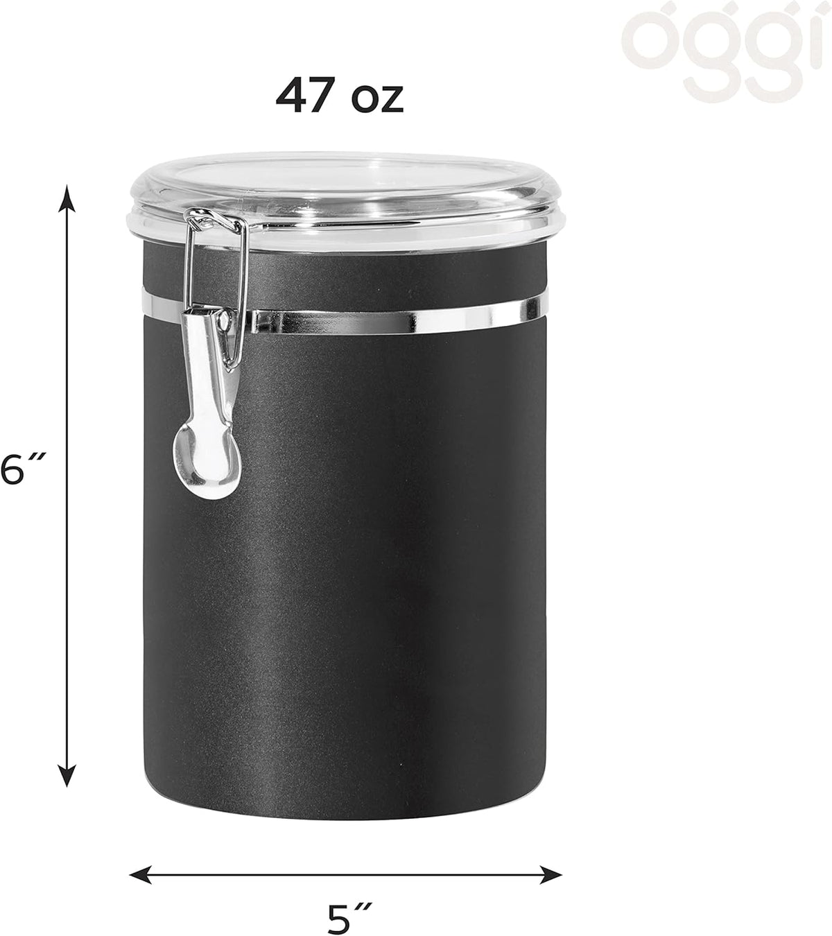Oggi Stainless Steel Kitchen Canister 47 fl oz, Black - Airtight Clamp Lid, Clear See-Thru Top