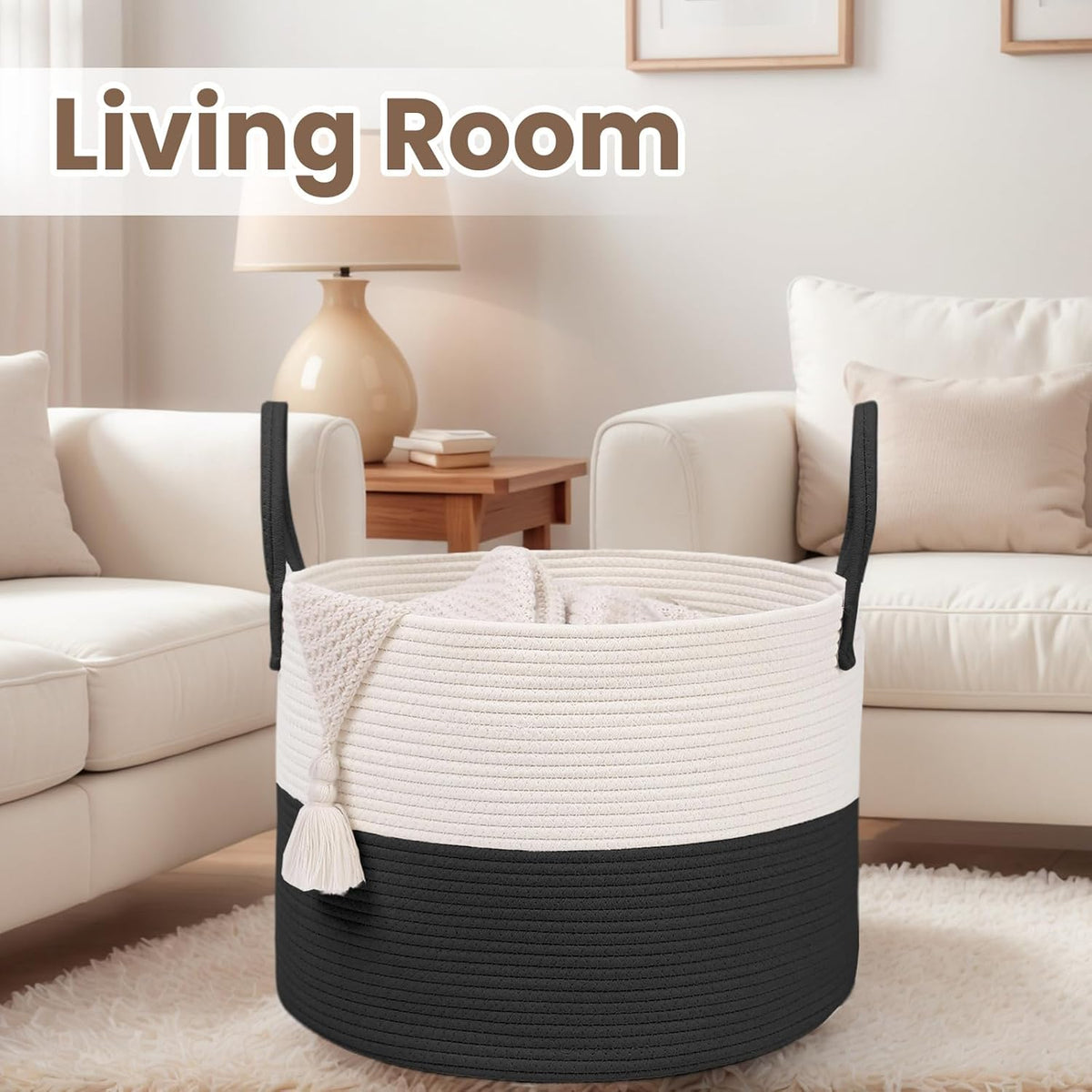 Woven Blanket Basket,115L Large Rope Storage Bin with Handles, Organizer for Blankets Toys Book and