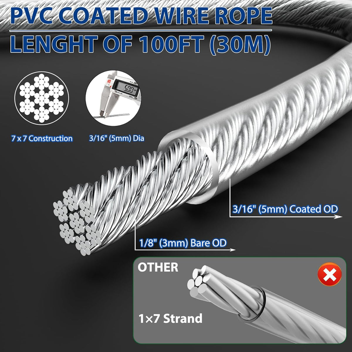 3/16" Wire Rope Kit, 100Ft PVC Coated Steel Cable Guide Wire Tensioner Strainer Kit w/ 7×7 Strand