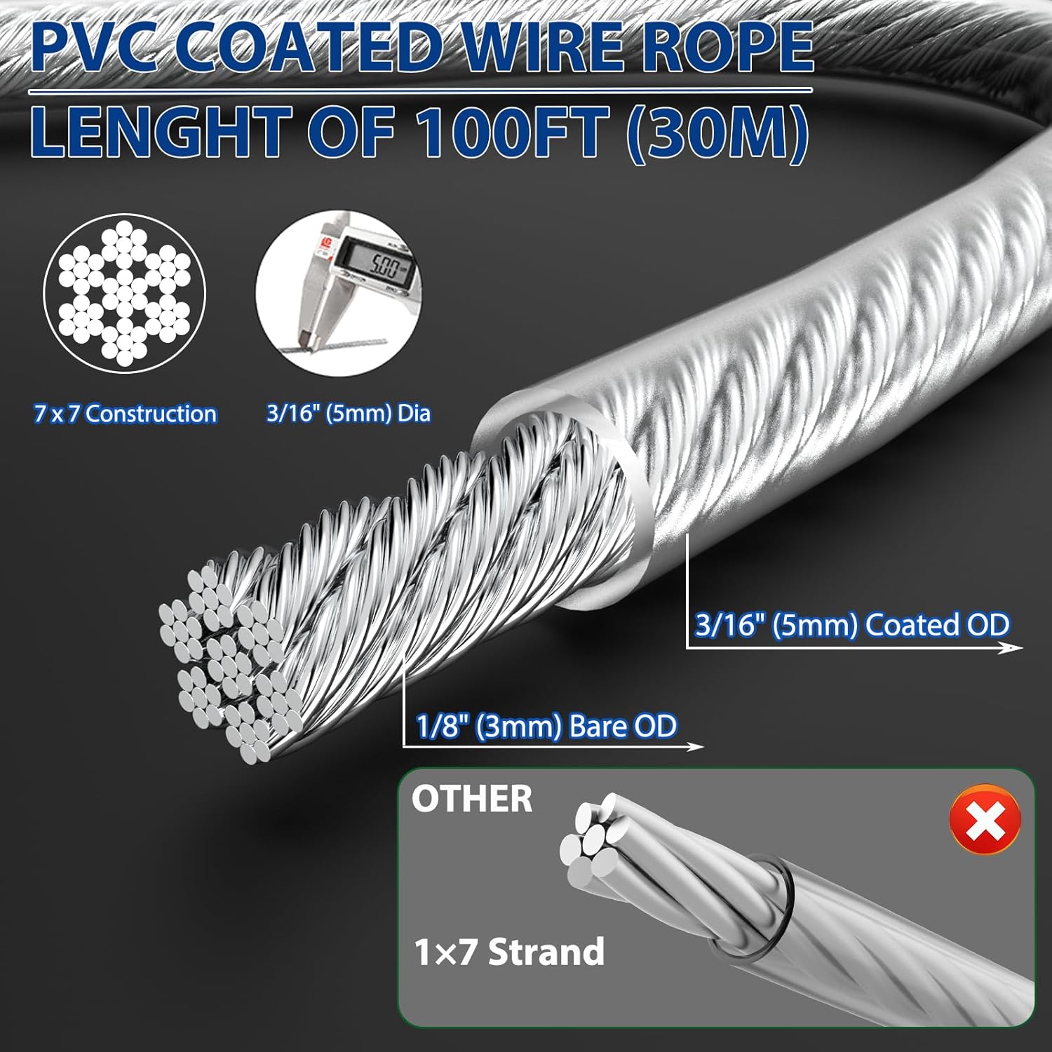 3/16" Wire Rope Kit, 100Ft PVC Coated Steel Cable Guide Wire Tensioner Strainer Kit w/ 7×7 Strand