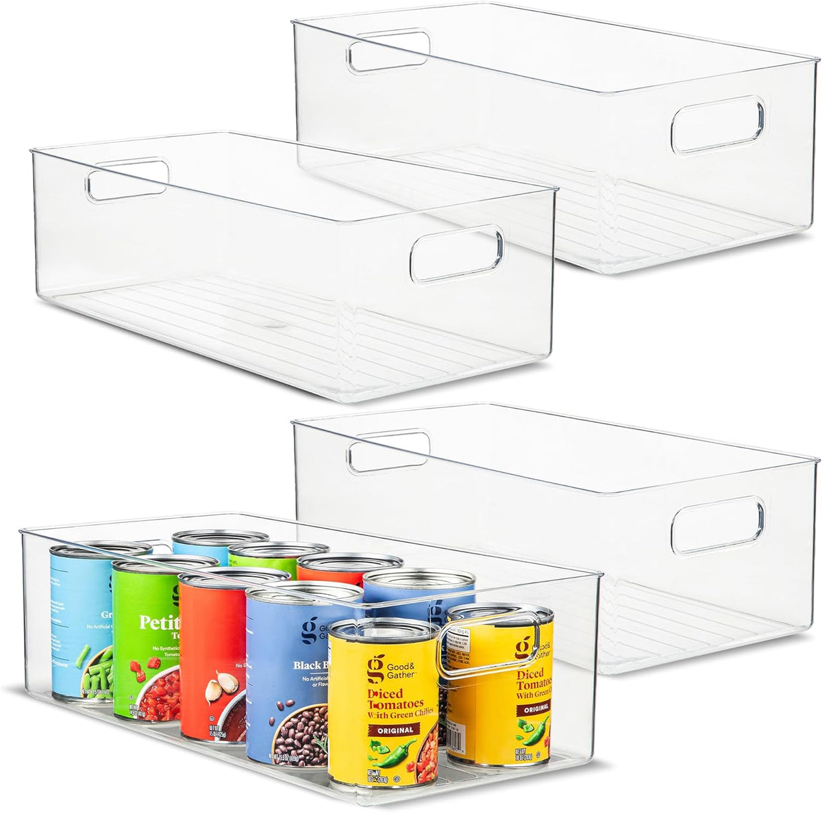 Plastic Food Storage 4 Pack Clear Container Bin with Handles for Organizing Kitchen, Pantry