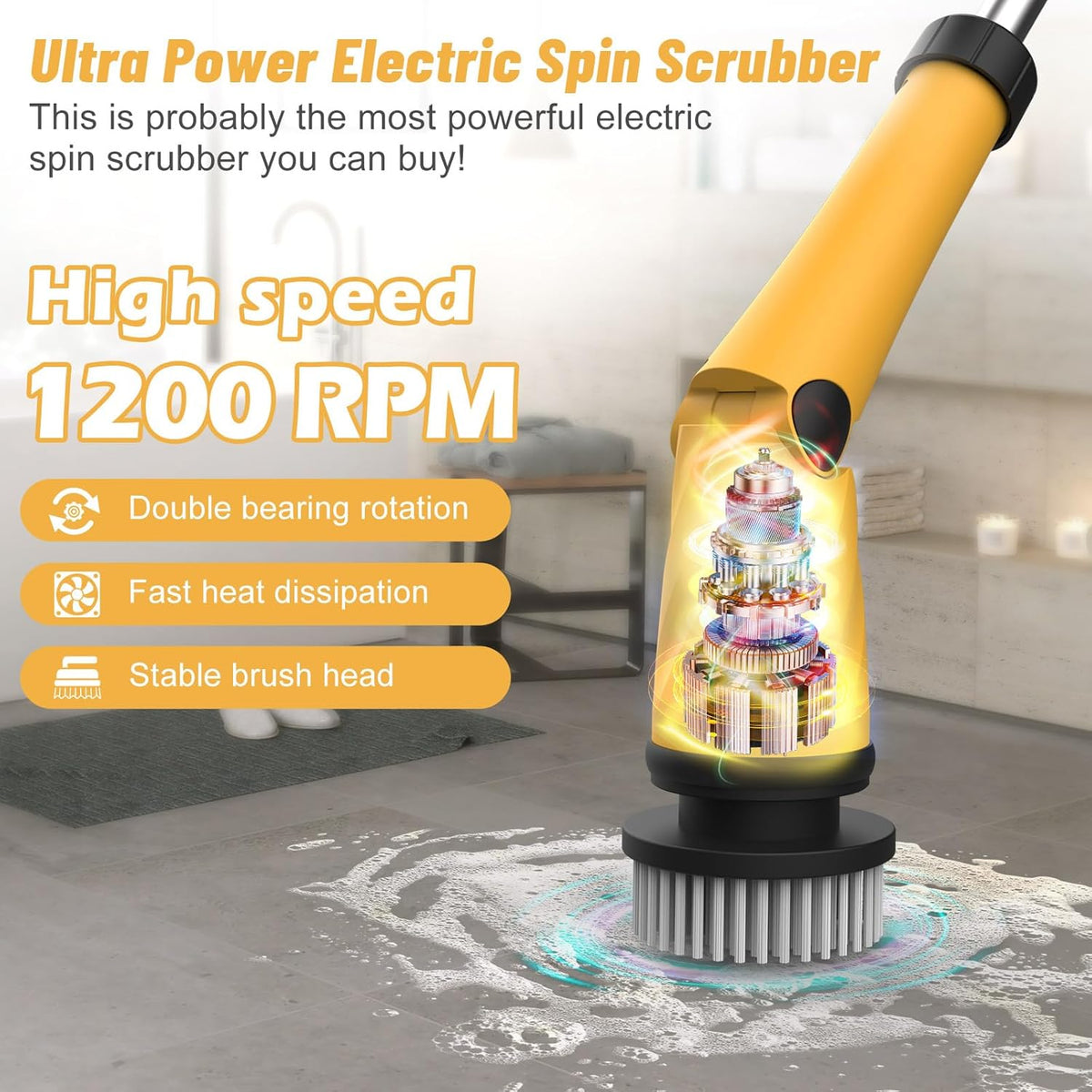 Qimedo Upgrade 1200 RPM Battery Electric Spin Scrubber, Highly Powerful Cordless Cleaning Brush
