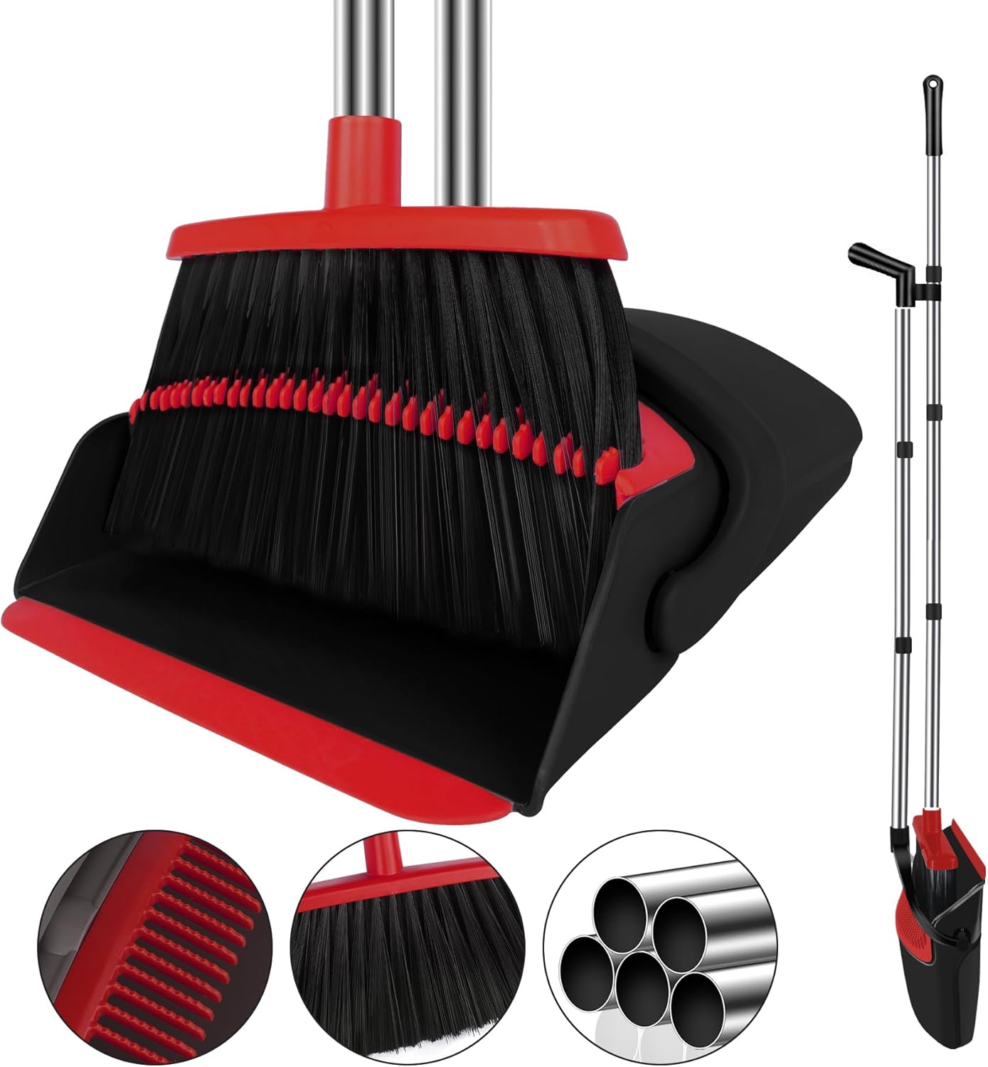 Broom and Dustpan Set for Household, Red Broom with Dustpan Combo Set, 51" Long Handle Dust pan Set
