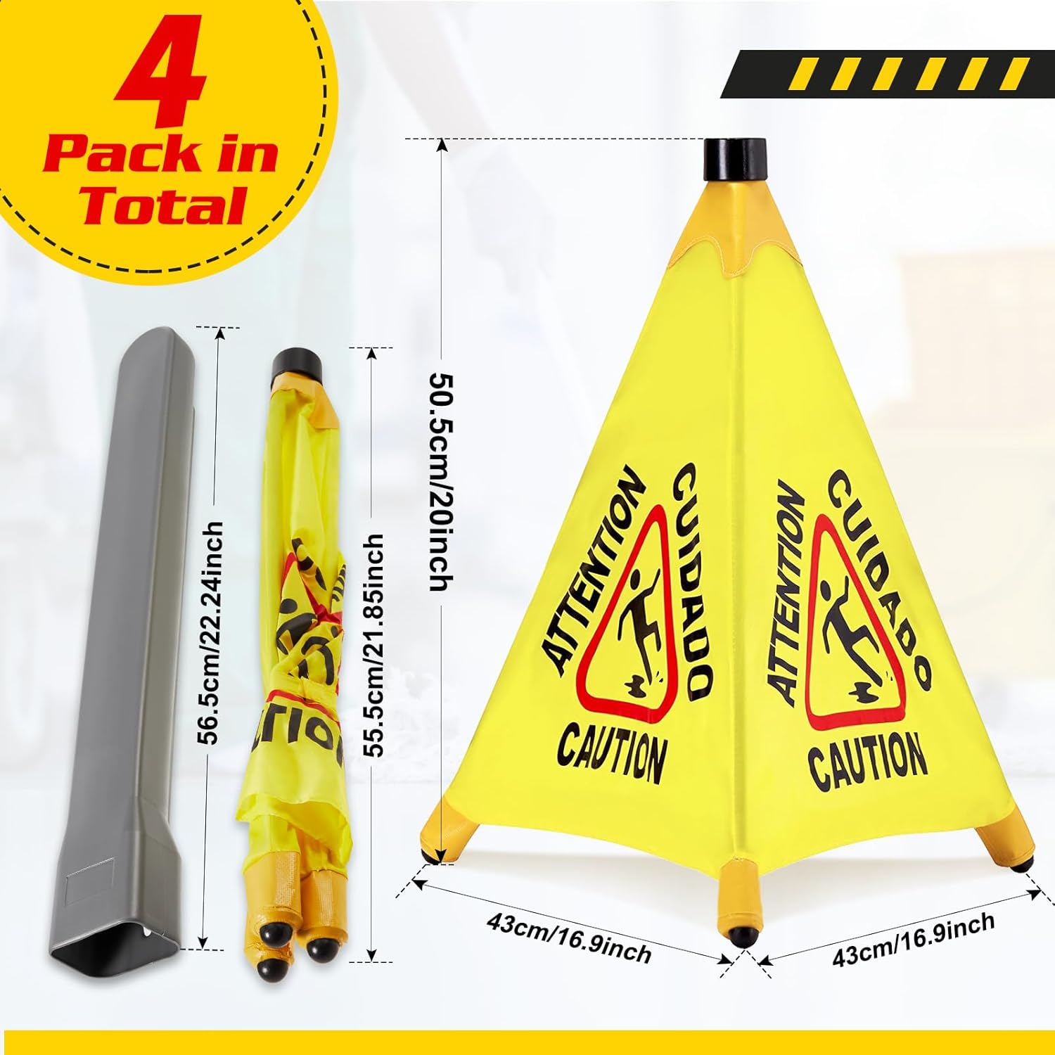 4 Pcs Pop up Wet Floor Sign with Storage Tube 20 Inch Wet Safety Signs Commercial Caution Safety