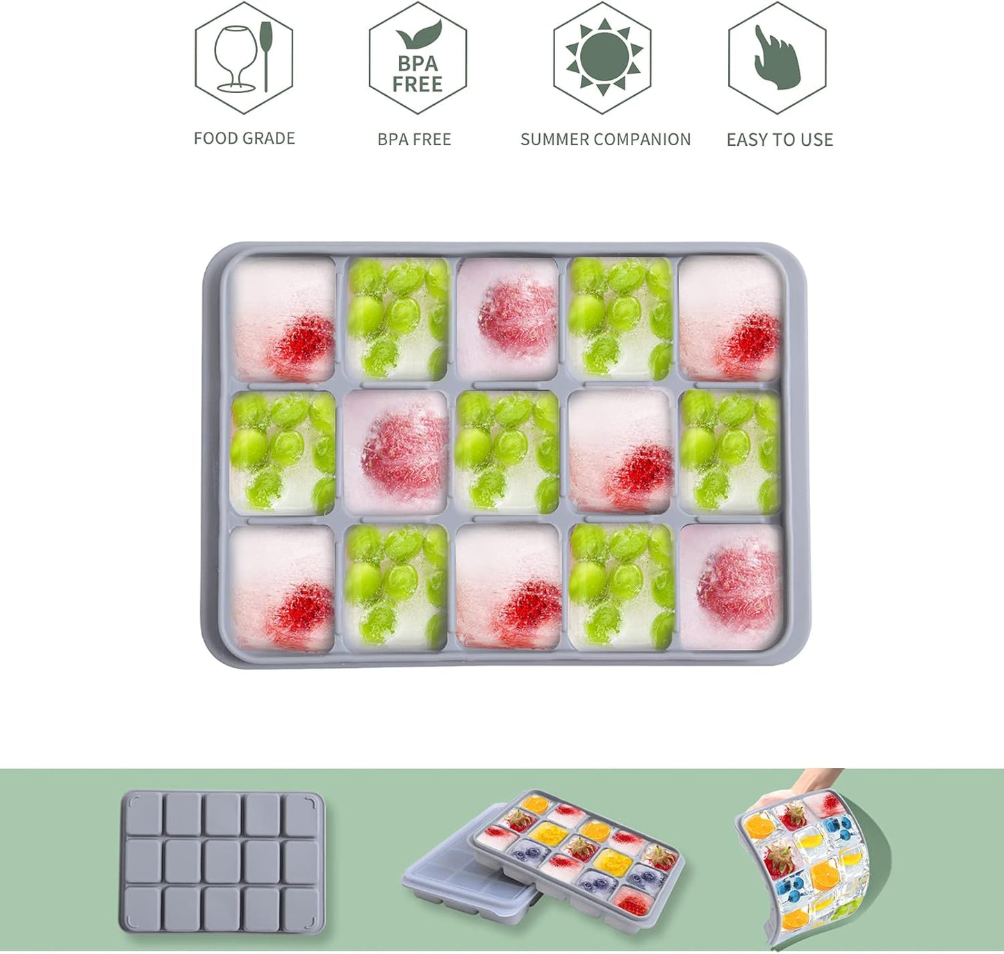 Ice Cube Trays Set of 2, Easy Release 15 Flexible Silicone Ice Cube Molds with Removable Lid