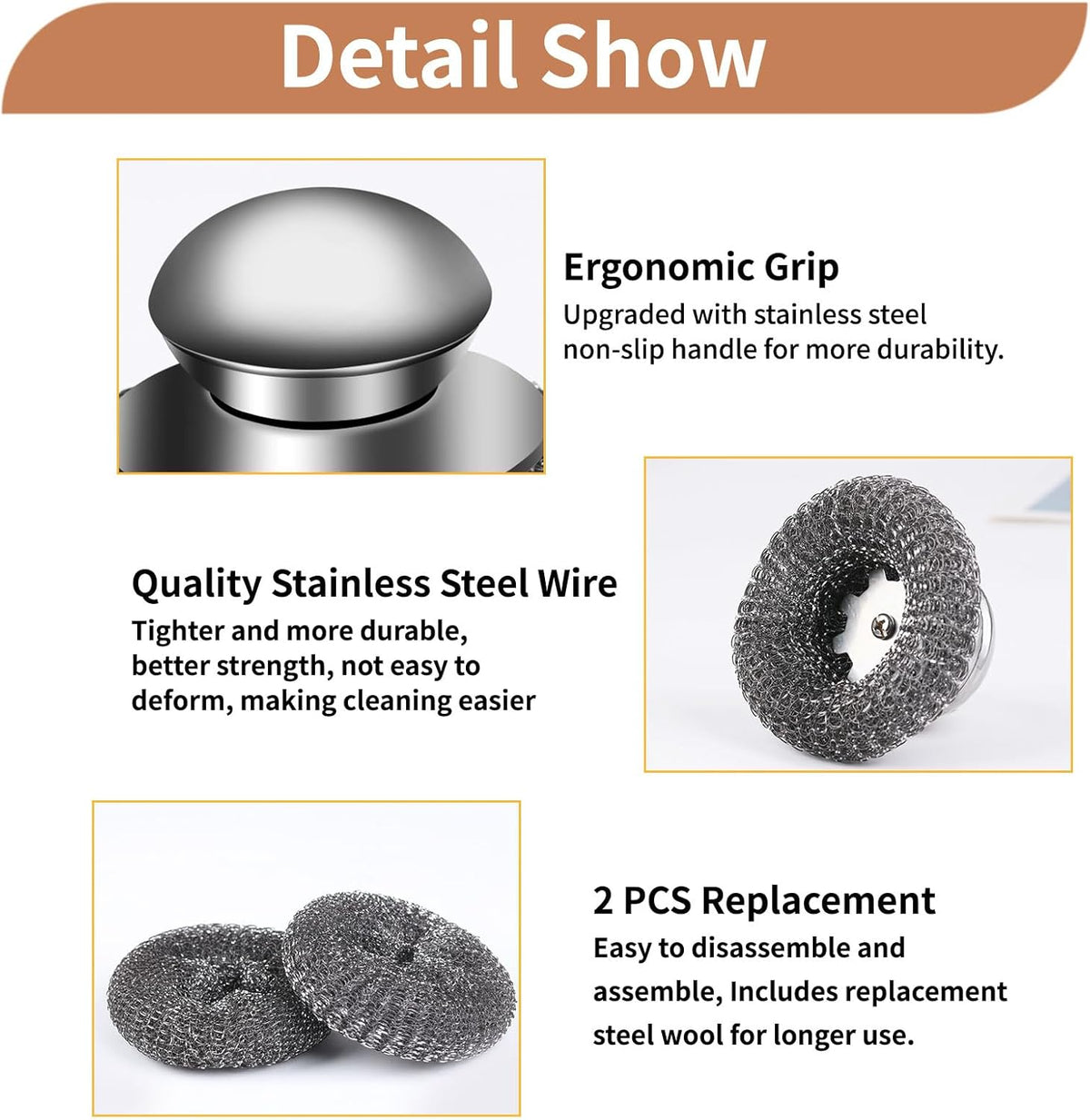 4pcs Steel Wool Scrubber with Replacement Wire Sponge Pads Set, Stainless Steel Scrubber with