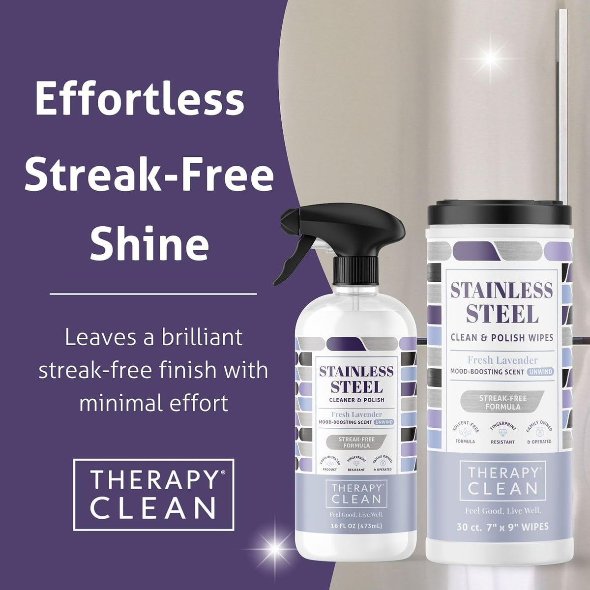 Therapy Stainless Steel Cleaner and and Polish Wipes Bundle with Microfiber Cloth - Remove