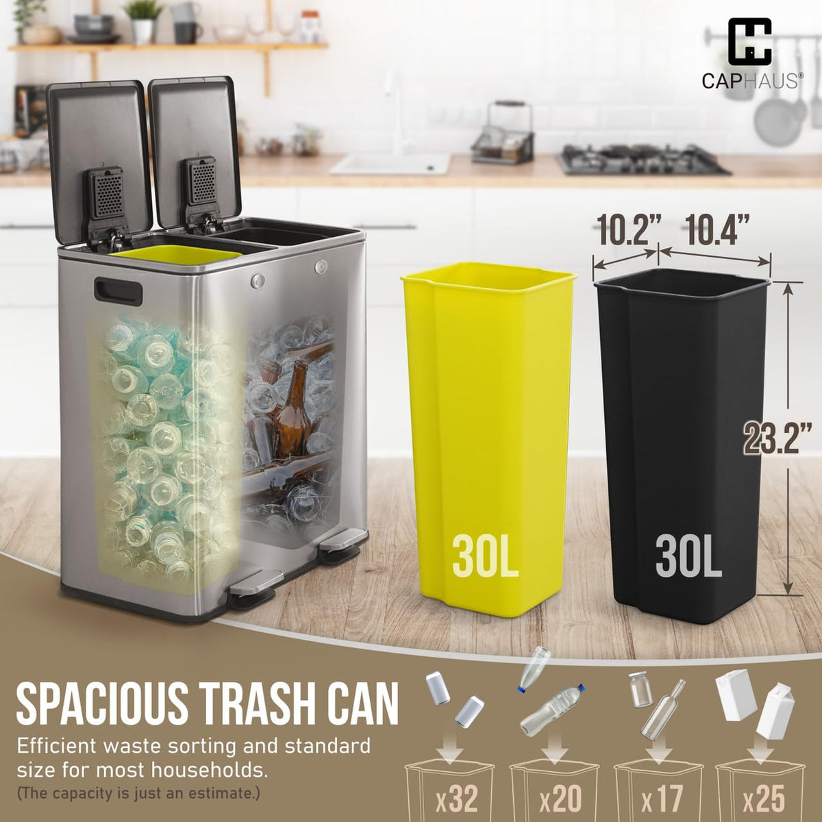 CAPHAUS Dual Trash Can with Double Lid, Trash and Recycle Bins Combo, Hands-Free Stainless-Steel