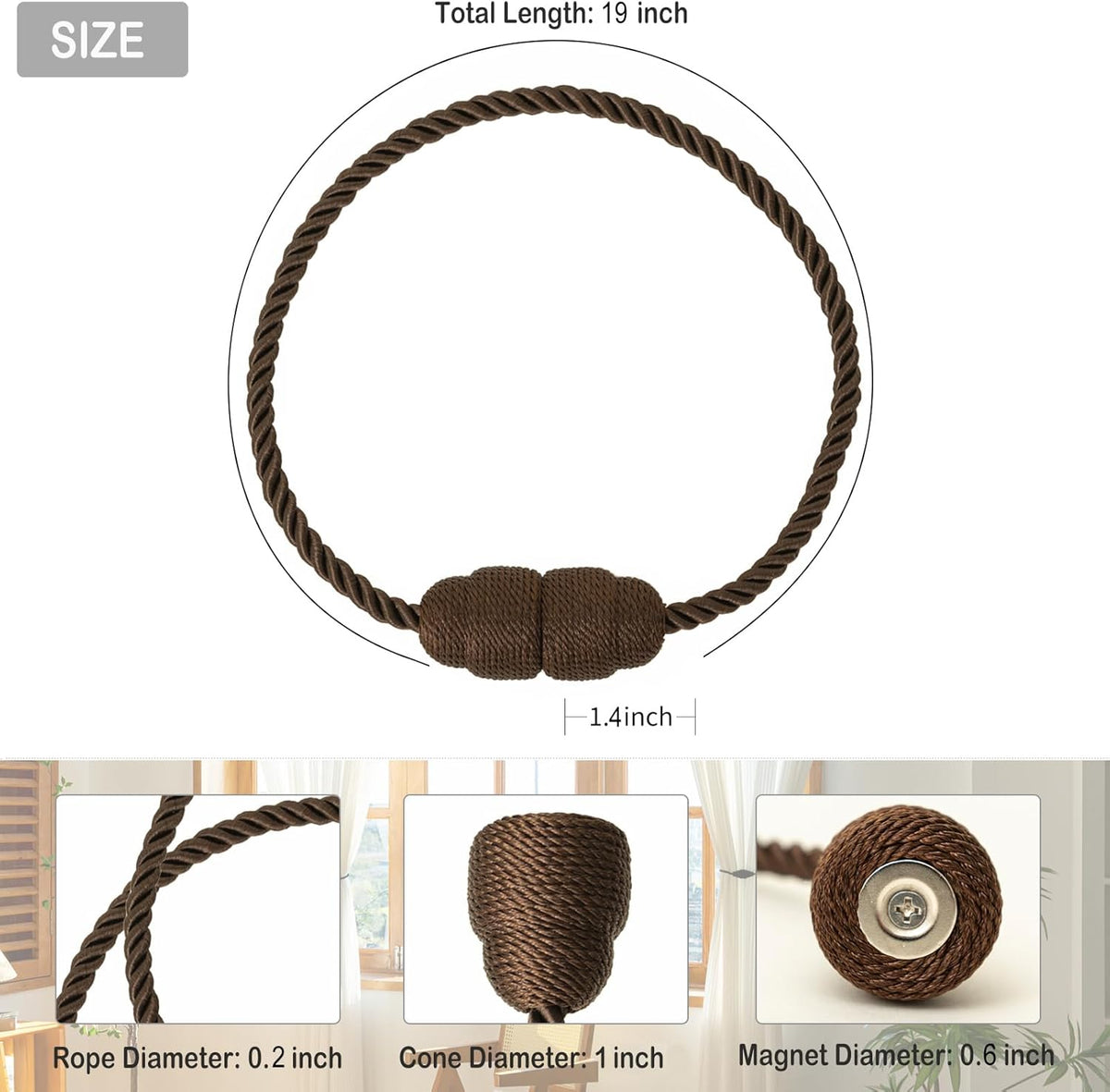 Magnetic Curtain Tiebacks Rope Curtain Tie Backs for Curtains 6 Pack Curtain Holders for Drapes