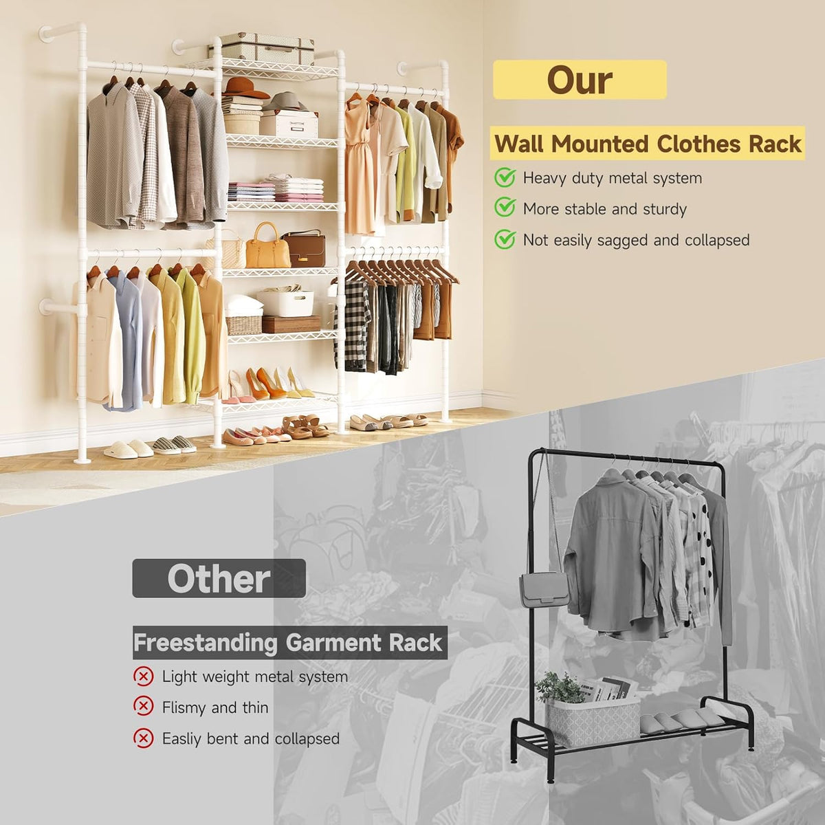 ONBRILL H3 Wall Mounted Closet System, Expandable Industrial Pipe Clothes Rack Clothing Rack for