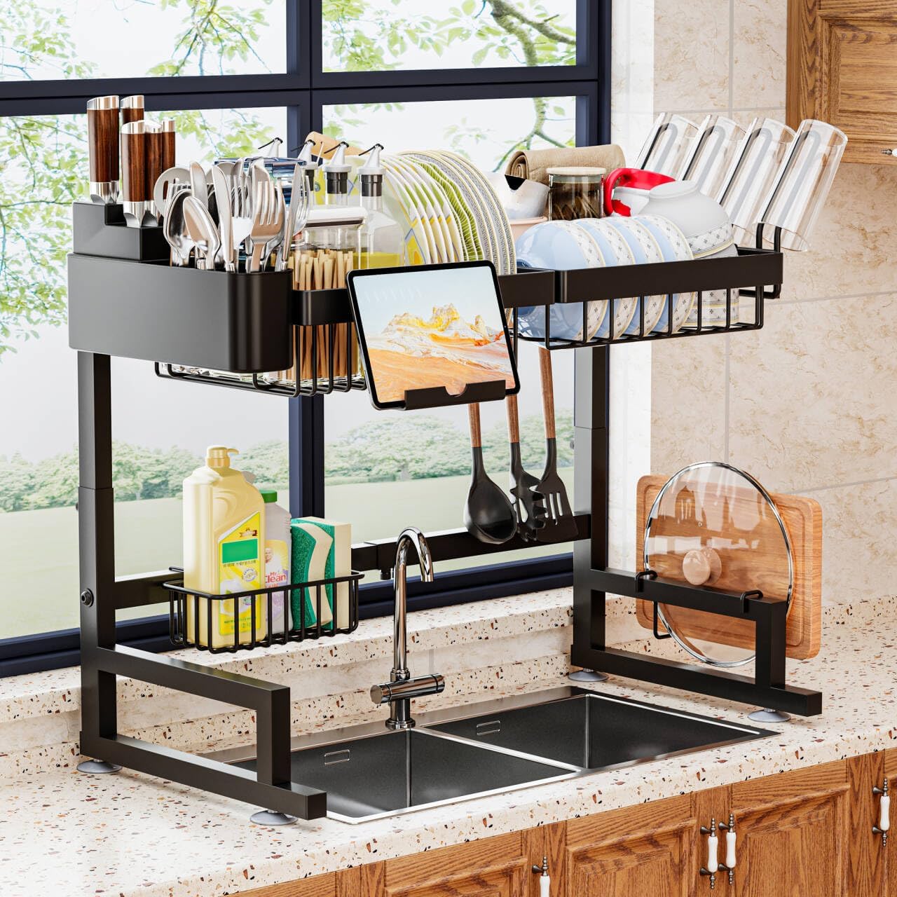 Over Sink Dish Drying Rack (Expandable Height/Length) Snap-On Design Large Dish Drainer Storage