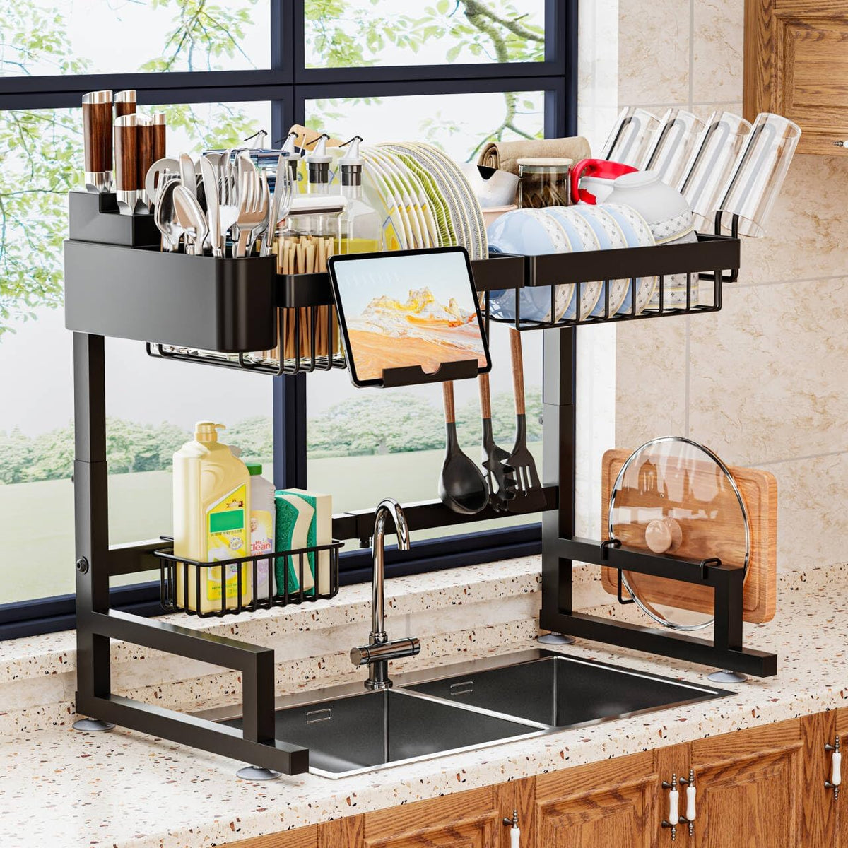 Over Sink Dish Drying Rack (Expandable Height/Length) Snap-On Design Large Dish Drainer Storage