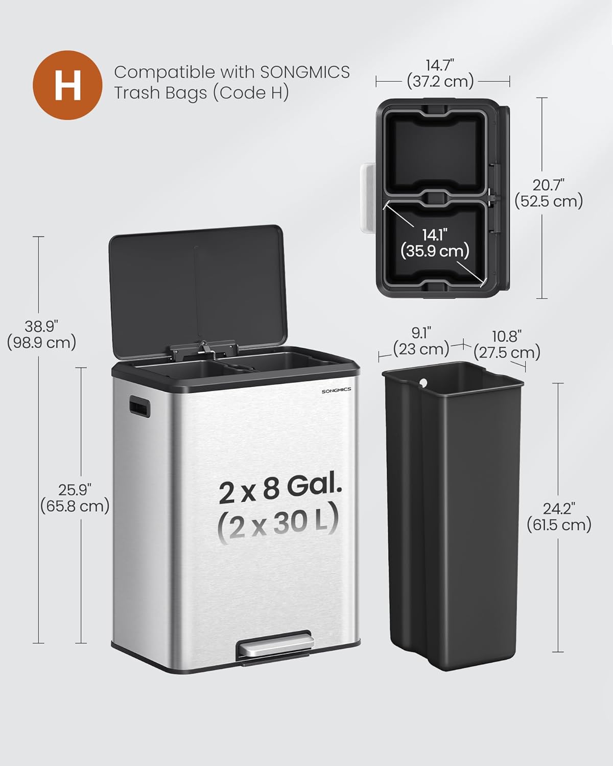 SONGMICS Trash Can, 2 x 8 Gallon (2 x 30 L) Double Garabge Can for Recycling and Waste, Stainless