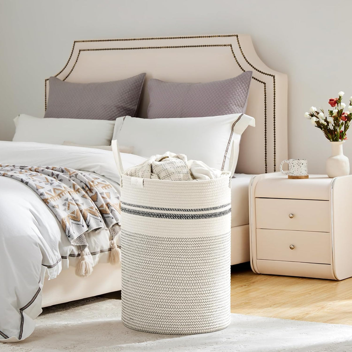 VIPOSCO Tall Laundry Basket, Large Dirty Clothes Hamper with Leather Handle, Woven Rope Storage