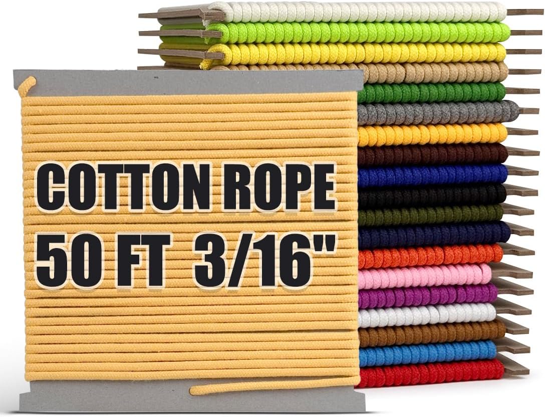 PerkHomy Cotton Rope 3/16" (5mm) 50 ft Multi Purpose Utility Diamond Braided Cord, Natural Cotton