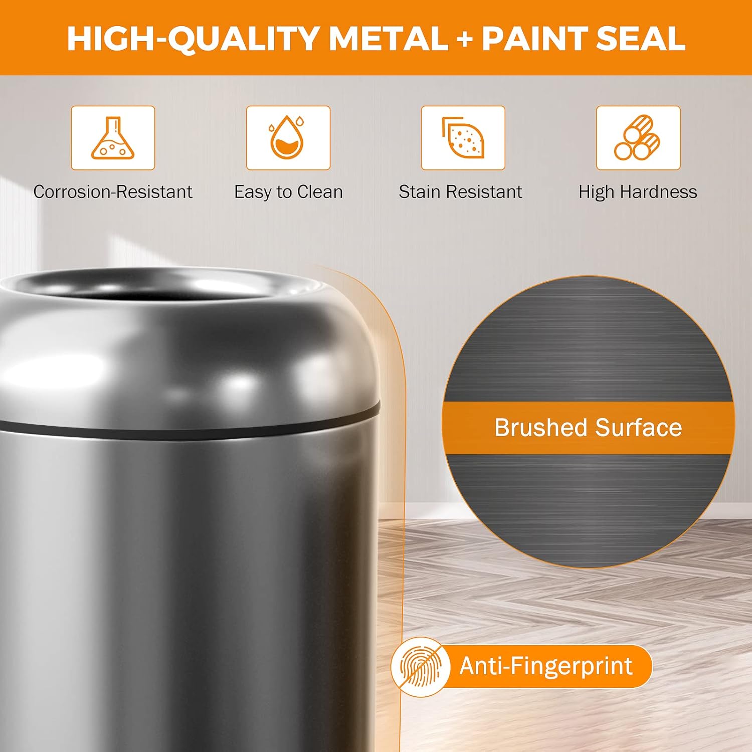 BEAMNOVA 16.5 Gallon Trash Can Black Open Top Outdoor Indoor Commercial Stainless Steel Industrial