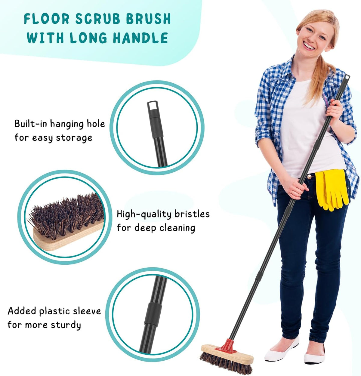 Deck Brush with Long Handle, 52'' Palmyra Bristle Scrub Broom for Boat, Patio, Garage, Concrete