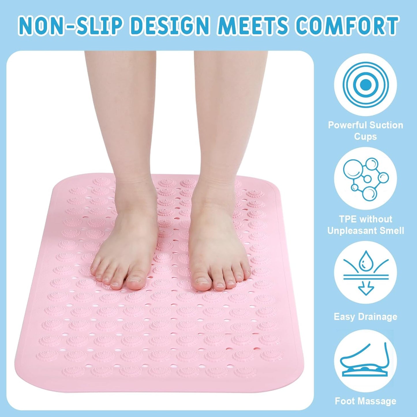 Dunzy 6 Pcs Non Slip Bath Mats 27.6x14.2 Inches TPE Bathtub Mats with Suction Cups Drain Holes