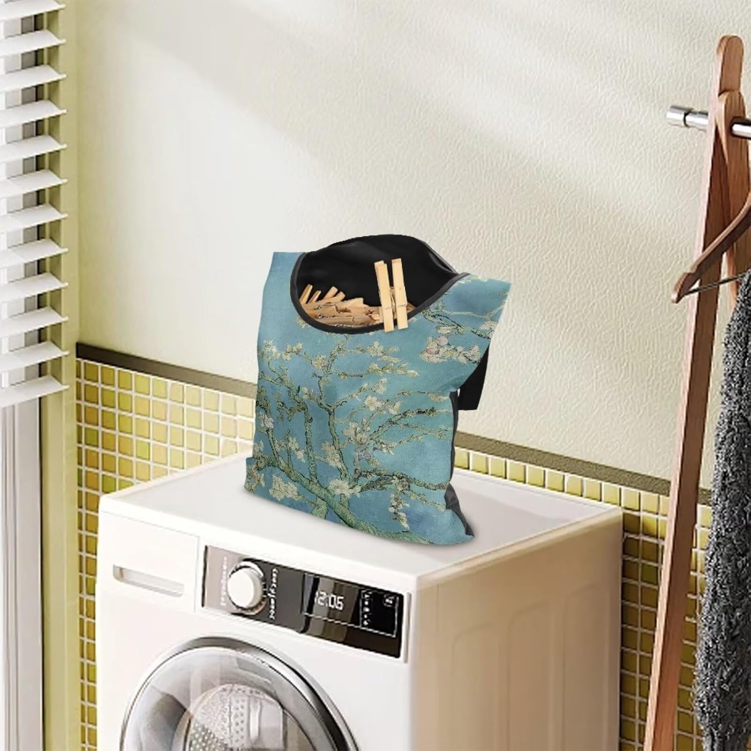 Almond Blossom Print Max Capacity Clothespin Storage Bag 14.5x12in - Generous Opening for Quick
