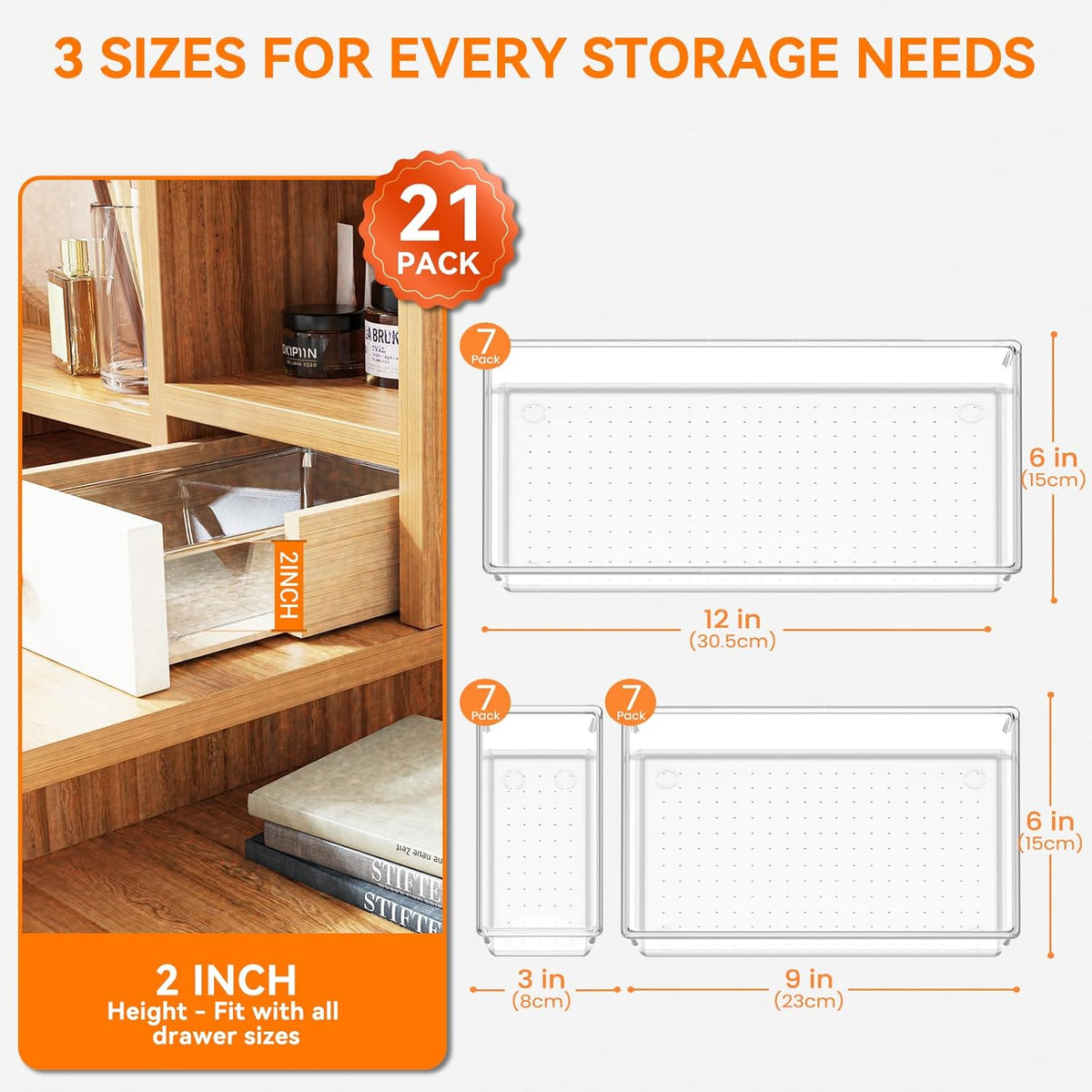 Criusia 21 Pack Large Clear Plastic Drawer Organizer Trays | BPA-Free Acrylic Organizer Bins for