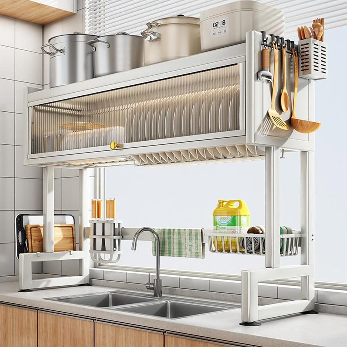 Milkshake White 3 Tier Over Sink Dish Rack Drainer with Cover - Space-Saving Organized Drying Rack