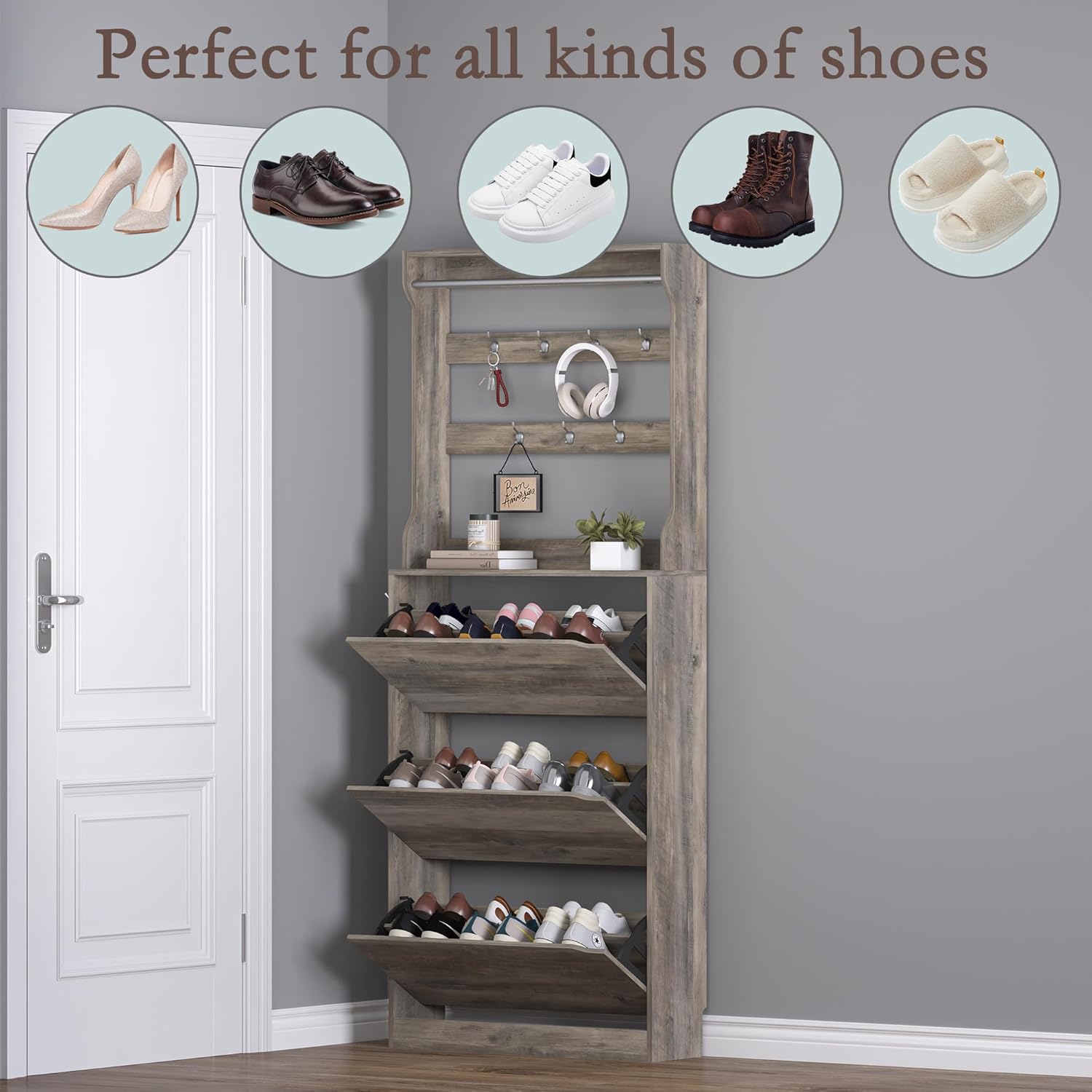 Shoe Cabinet with 3 Flip Drawers & Coat Rack, Narrow Hidden Shoe Storage Cabinet, 2-in-1 Hall Tree