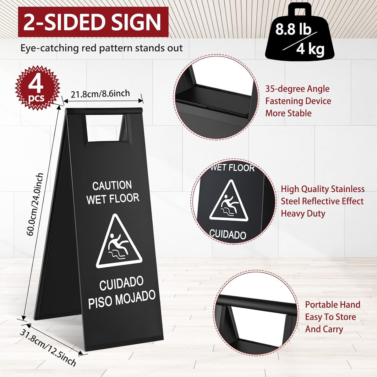 LEIFIDE 4 Pcs Stainless Steel Wet Floor Caution Sign Bulk 8.8 Pound Portable Foldable Handle