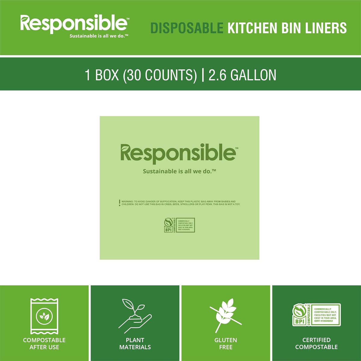 Responsible Products Kitchen Bin Liners, Certified Compostable, Heavy Duty Multipurpose Food Scrap