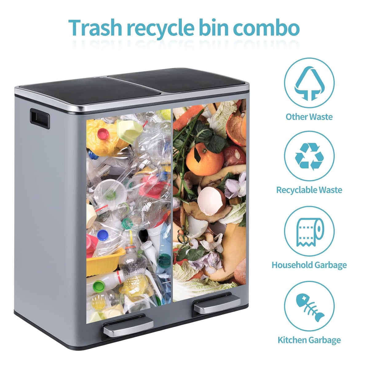 16 Gallon Rectangular Stainless Steel Trash Can, Dual Compartment Garbage Bin with Recycling Combo
