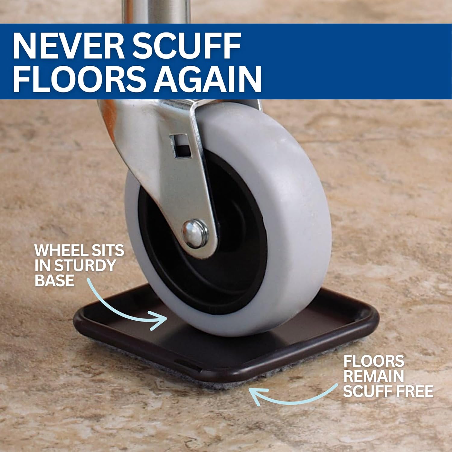 SoftTouch 2 1/2" Square Reusable Carpet Bottom Furniture Caster Cups to Protect Hardwood, Tile or