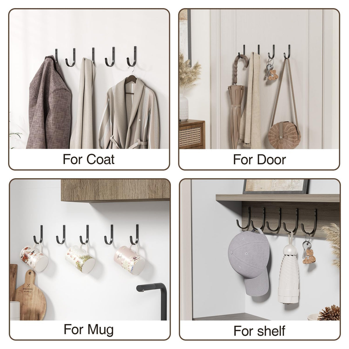 Josmimic 22LB Wall Hooks for Hanging Towel/Coat, Black 5 Pack