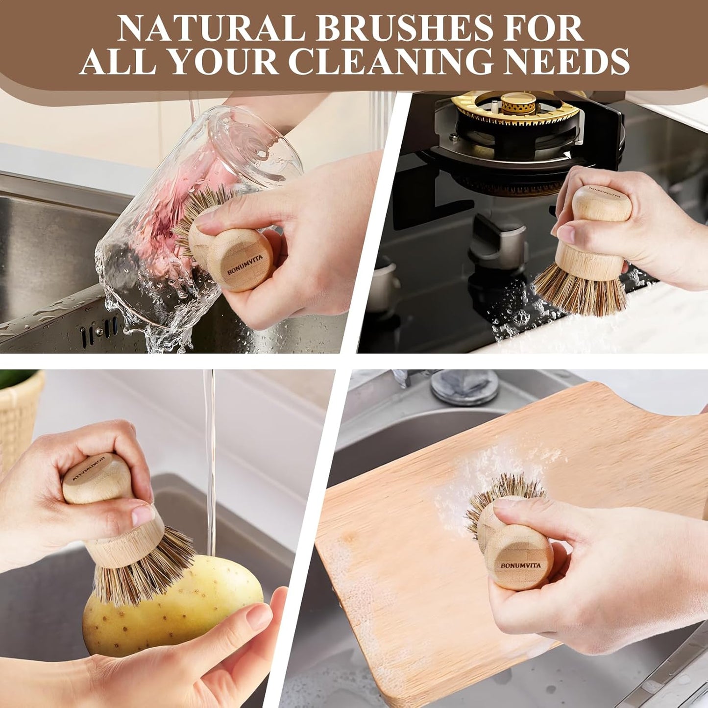 Bamboo Dish Brush Set,4 Pack Kitchen Palm Pot Brush with Union Fiber, Natural Bamboo Dish Scrub