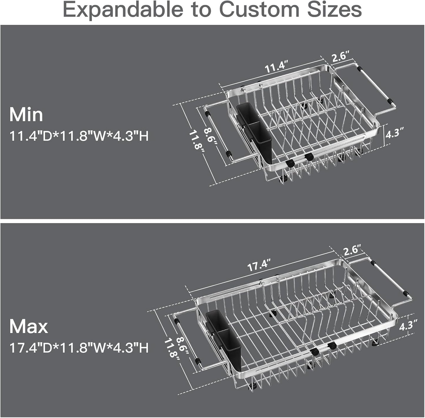 Small Expandable Over The Sink Dish Drainer Drying Rack in Stainless Steel Metal for Kitchen