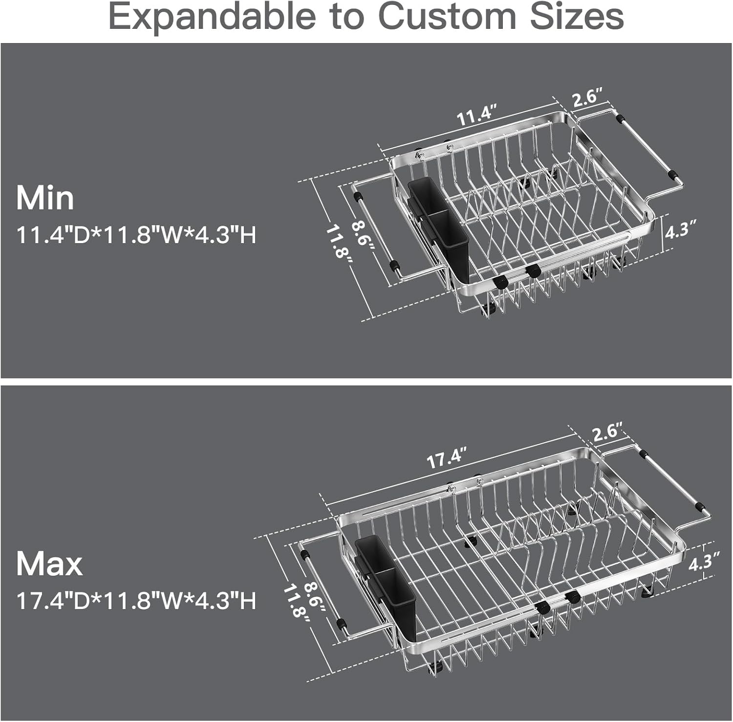 Small Expandable Over The Sink Dish Drainer Drying Rack in Stainless Steel Metal for Kitchen