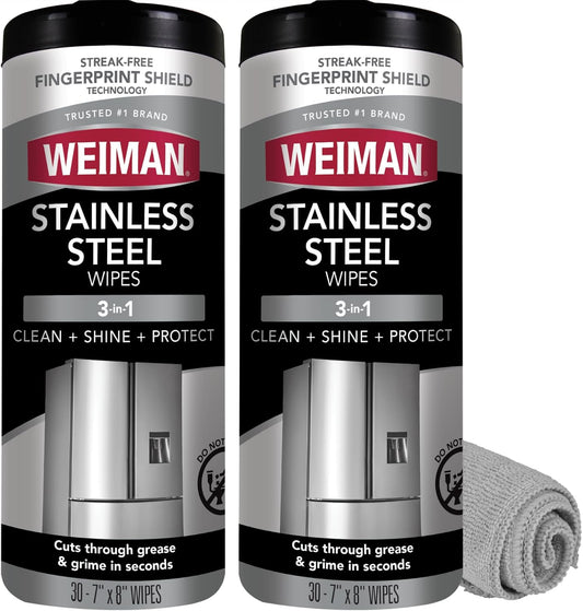 Weiman Stainless Steel Cleaner and Polish Wipes Bundle with Microfiber Cloth-Removes Fingerprints