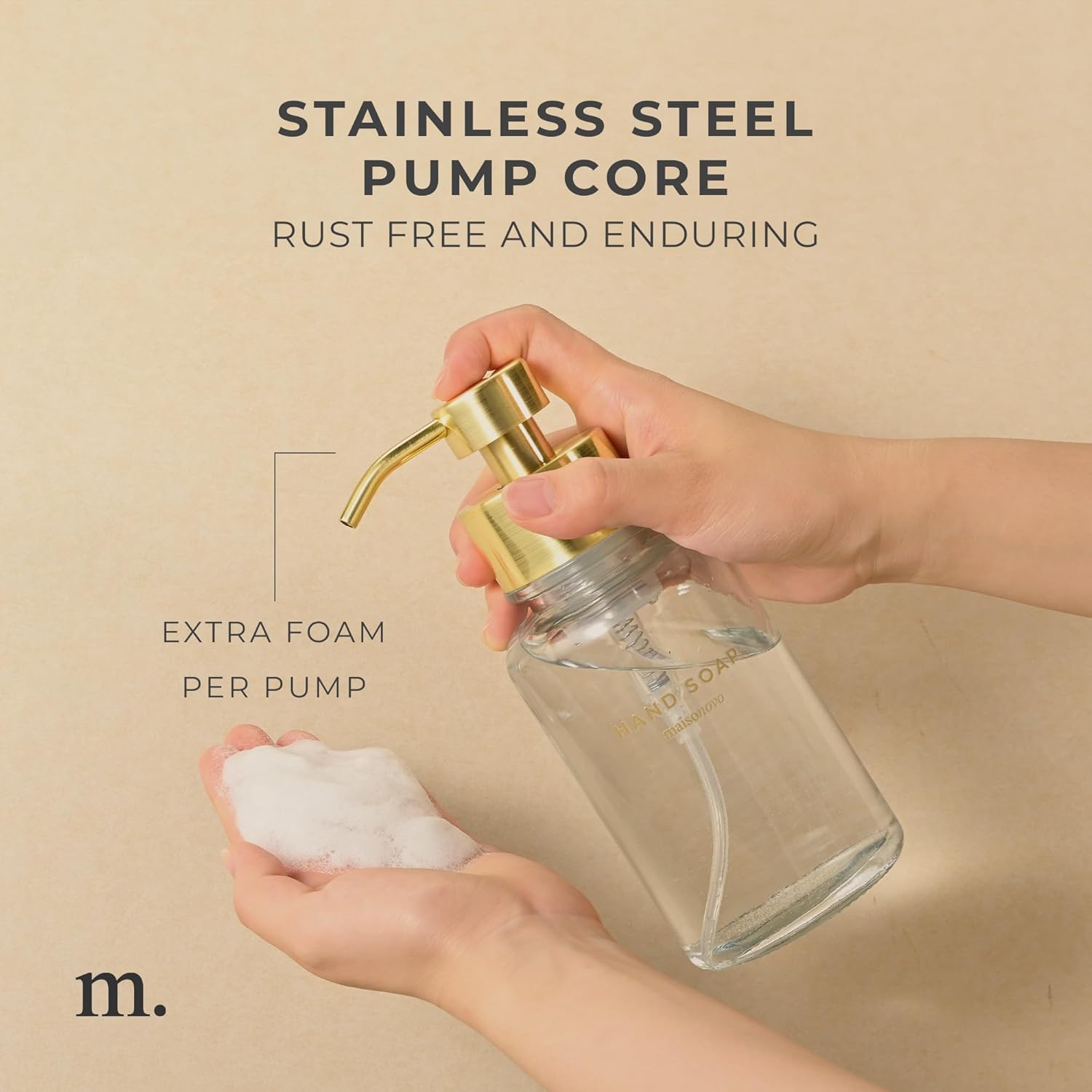 MaisoNovo Glass Foaming Hand Soap Dispenser 14 Oz | Gold Foaming Soap Dispenser Clear Bottle Gold