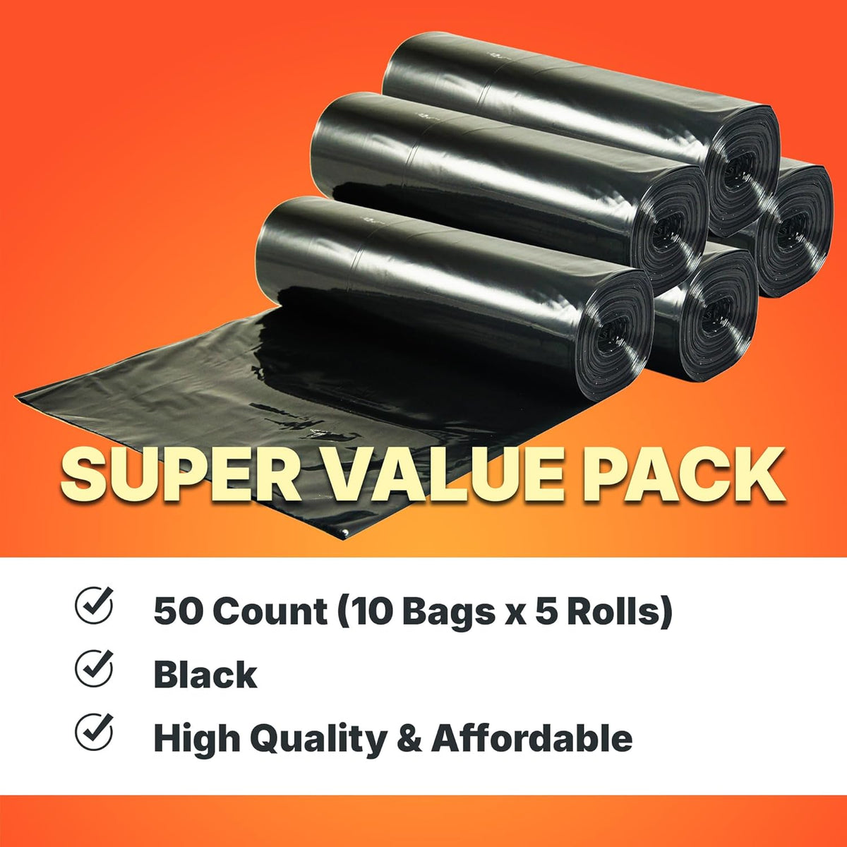 55-60 Gallon Trash Bags, 50 Micron Heavy Duty Pure LDPE Garbage Can Liners, 36" x 58" Large, Black