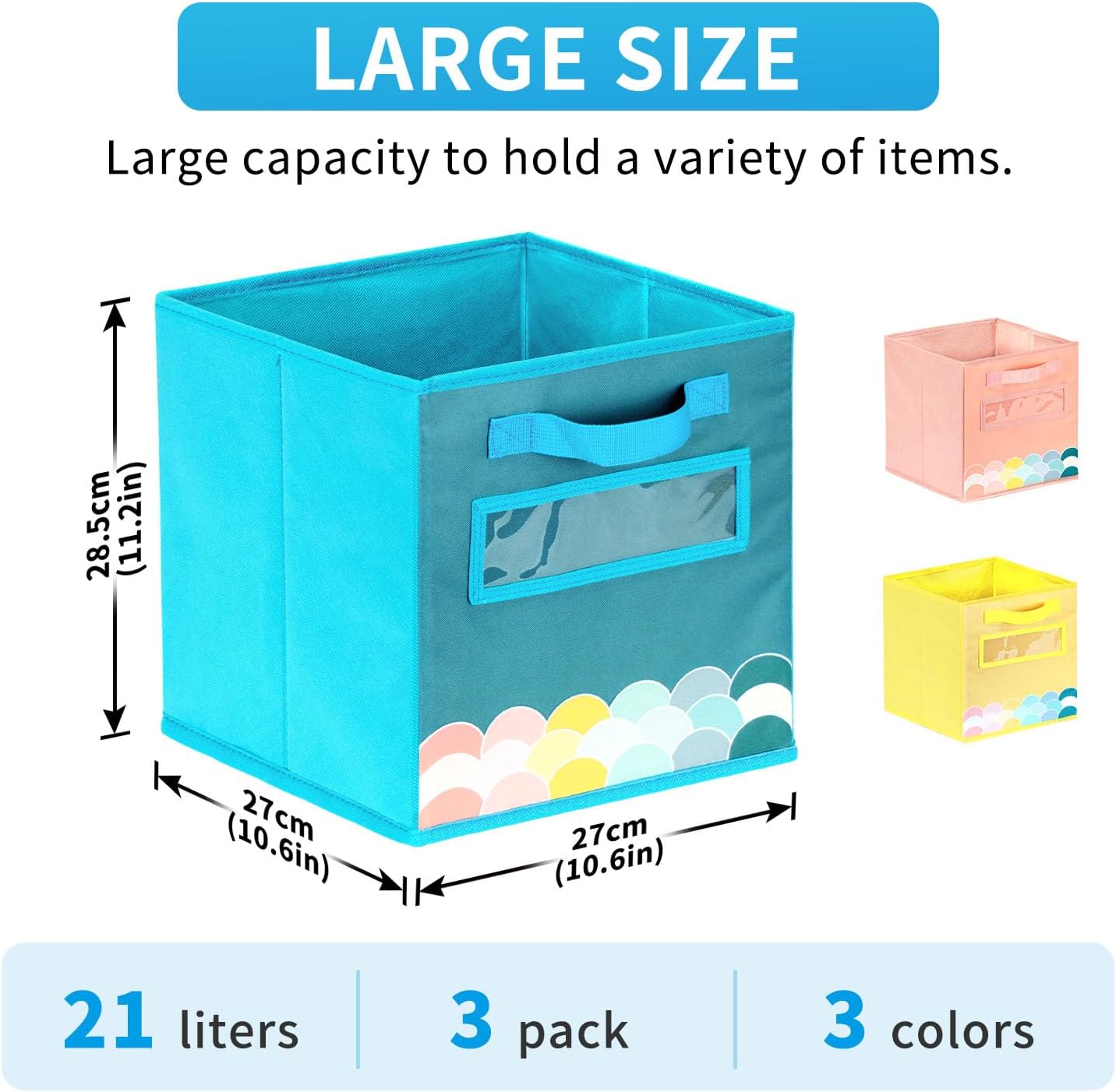 Cube Storage Bins, 3 Pack 11 Inch Fabric Storage Bins with Handle and Label Window, Foldable