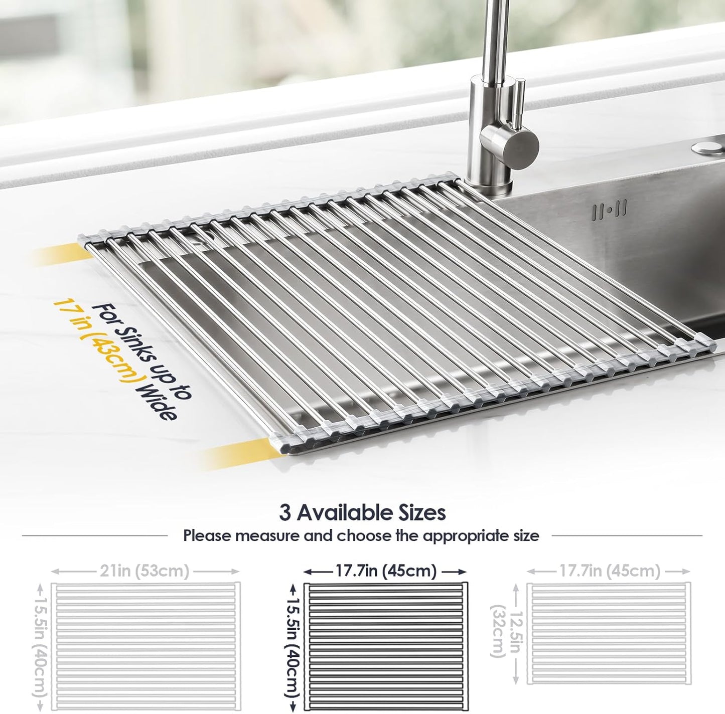 Tomorotec Stainless Steel Roll-Up Dish Drying Rack Marble Color Silicone Edges, Foldable Kitchen