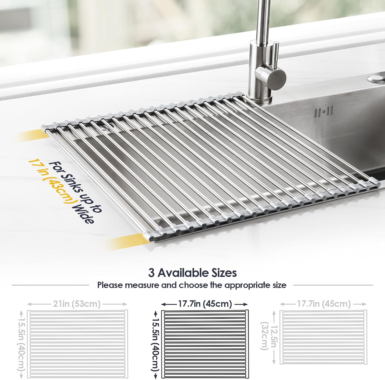 Tomorotec Stainless Steel Roll-Up Dish Drying Rack Marble Color Silicone Edges, Foldable Kitchen