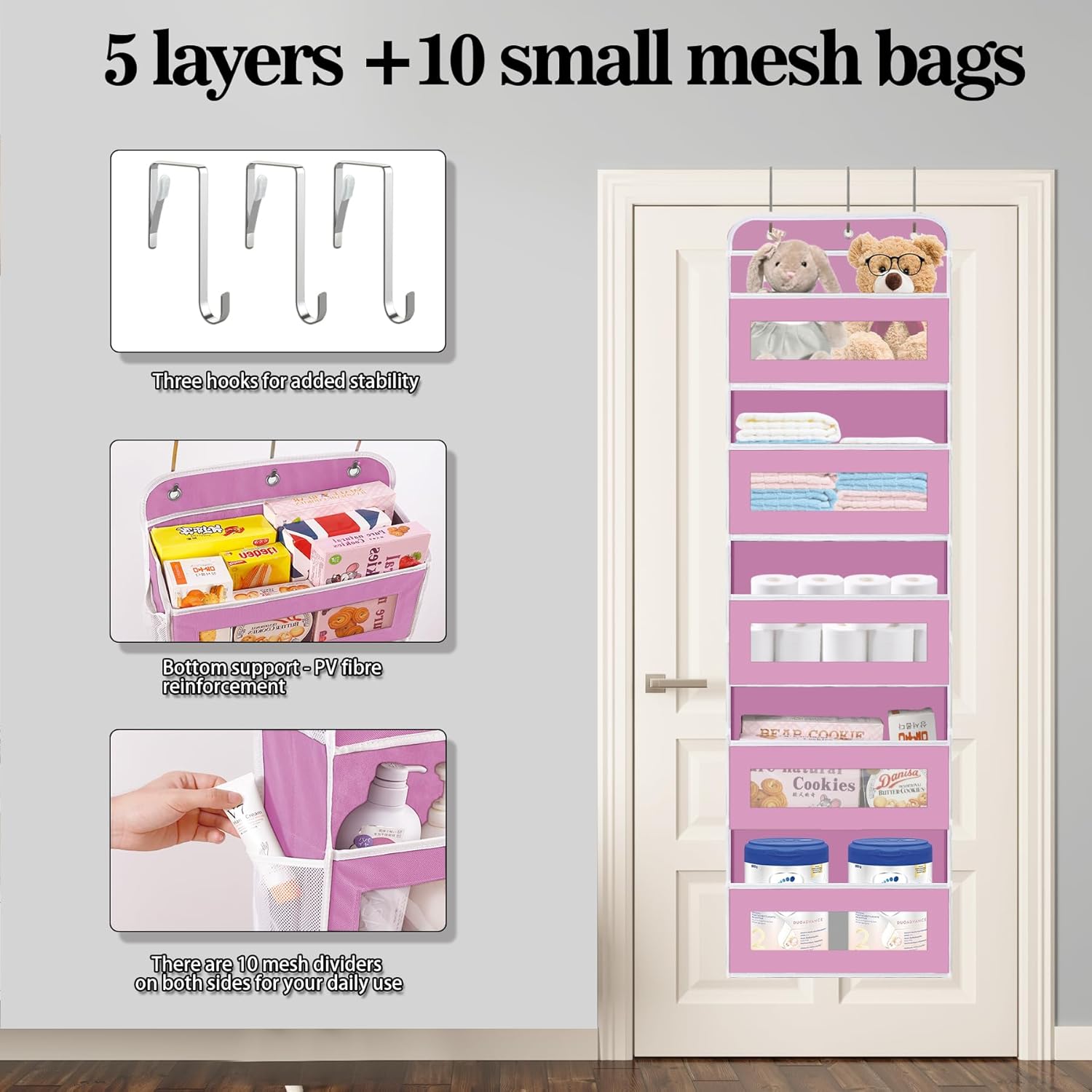 Over The Door Organizer, 5 Shelves Closet Door Hanging Organizer with 10 Mesh Pockets, Nursery