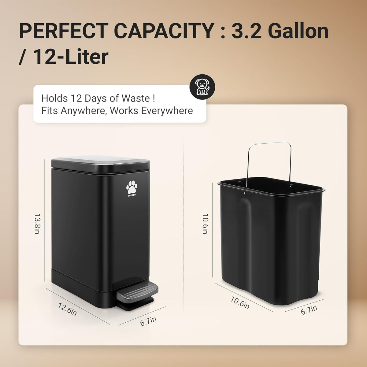 Dog Poop Trash Can Outside with Poop Scooper for Dogs, 12L/3.2Gal Metal Outdoor Garbage Can with