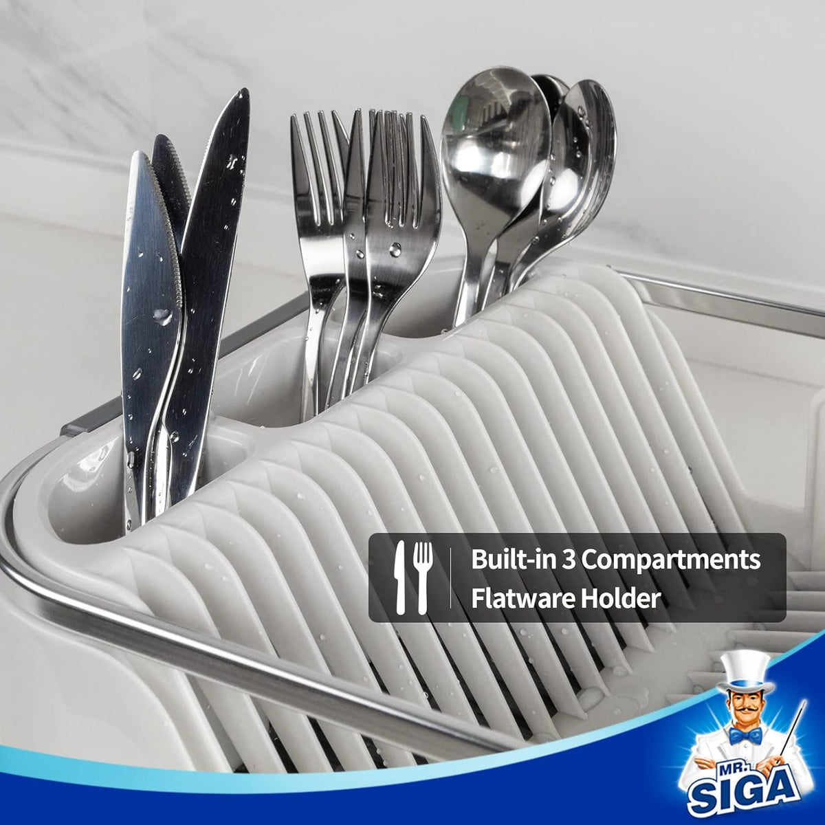 MR.SIGA Dish Drying Rack for Kitchen Counter, Compact Dish Drainer with Drainboard, Utensil Holder