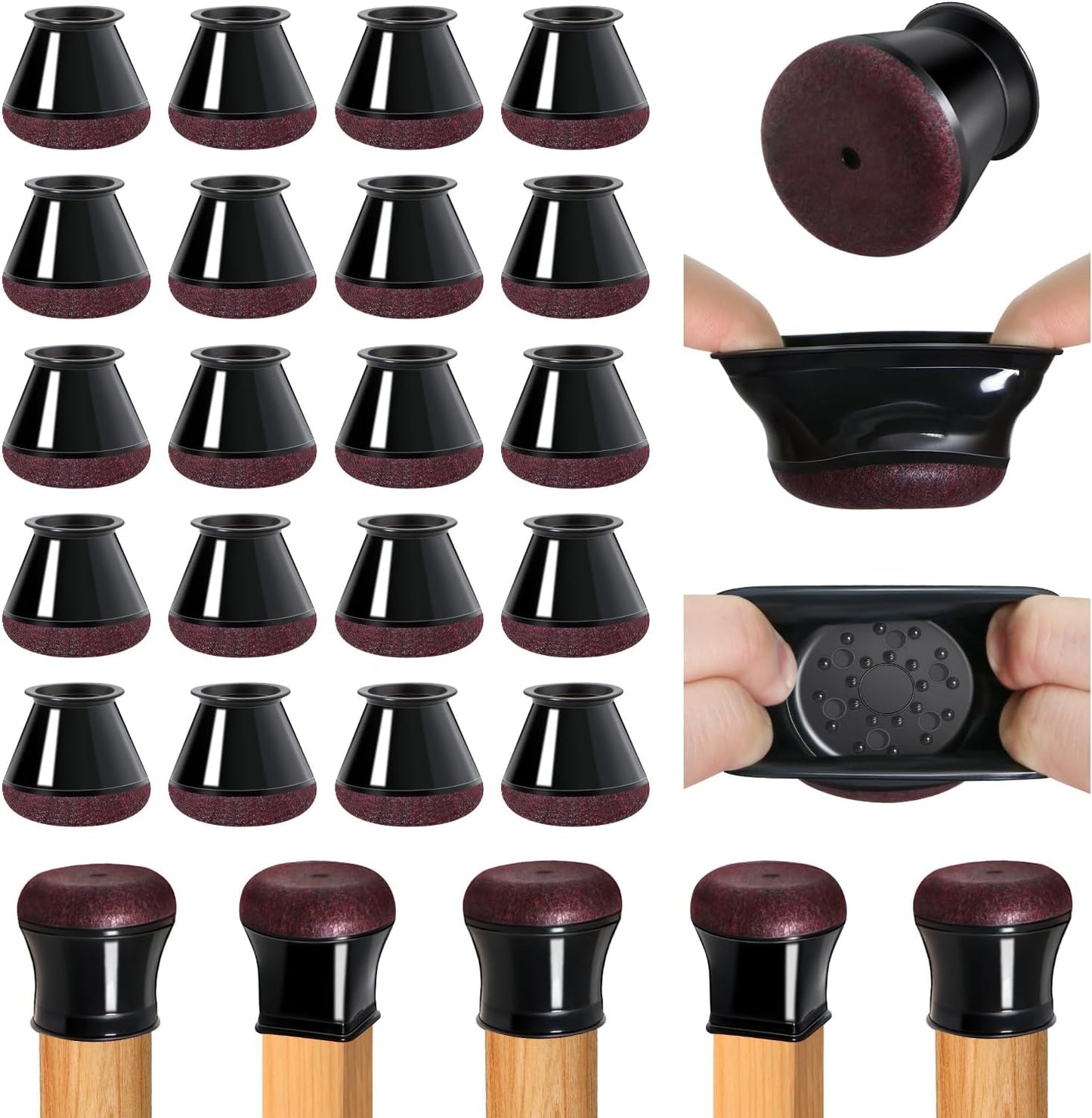 20 Pcs Chair Leg Floor Protectors for Hardwood Floors, Black Rubber Furniture Sliders with Felt