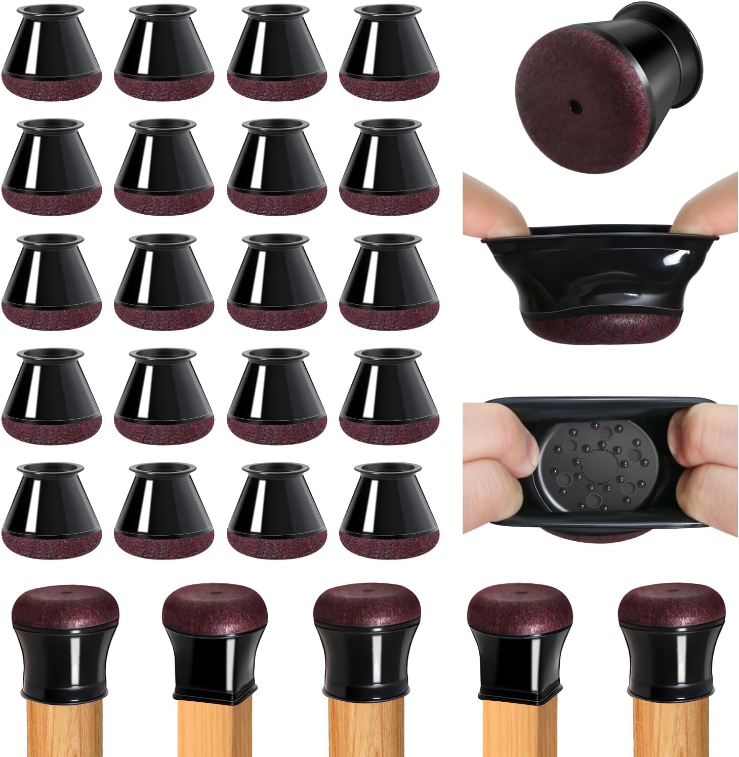 20 Pcs Chair Leg Floor Protectors for Hardwood Floors, Black Rubber Furniture Sliders with Felt