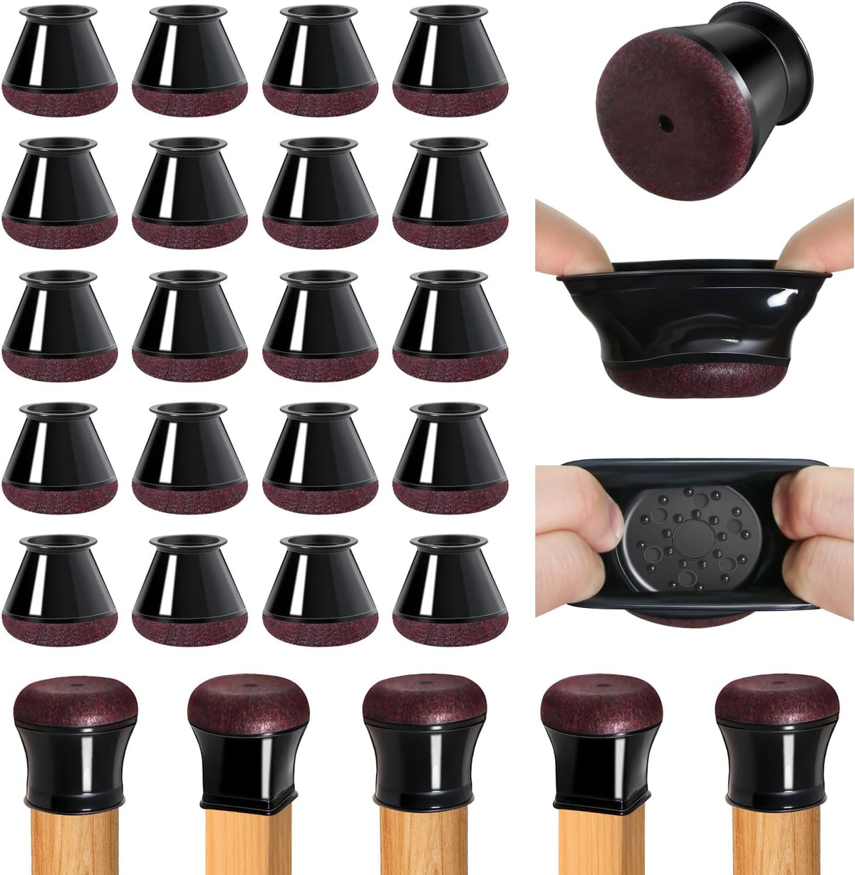 20 Pcs Chair Leg Floor Protectors for Hardwood Floors, Black Rubber Furniture Sliders with Felt